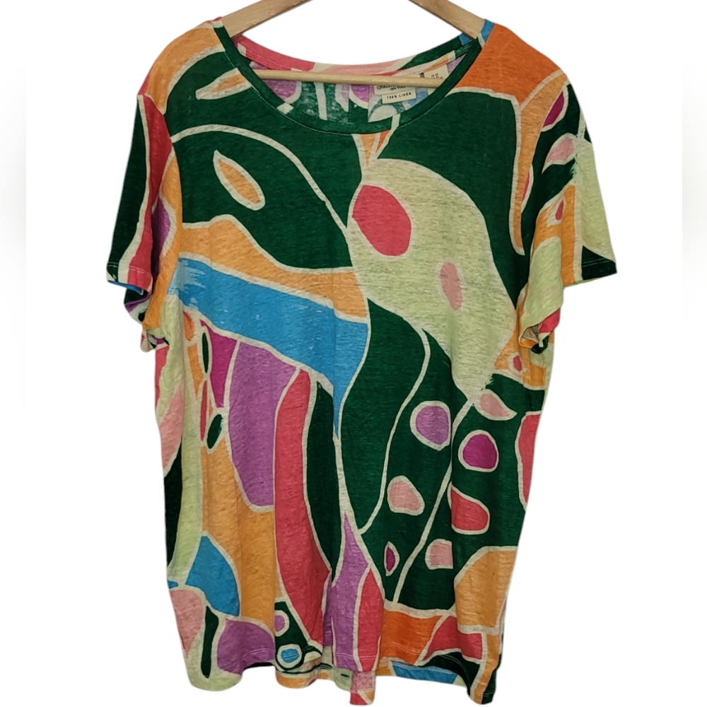 NWT Christian Siriano Women's 100% Linen Bold Geometric Print Top Size 2X
